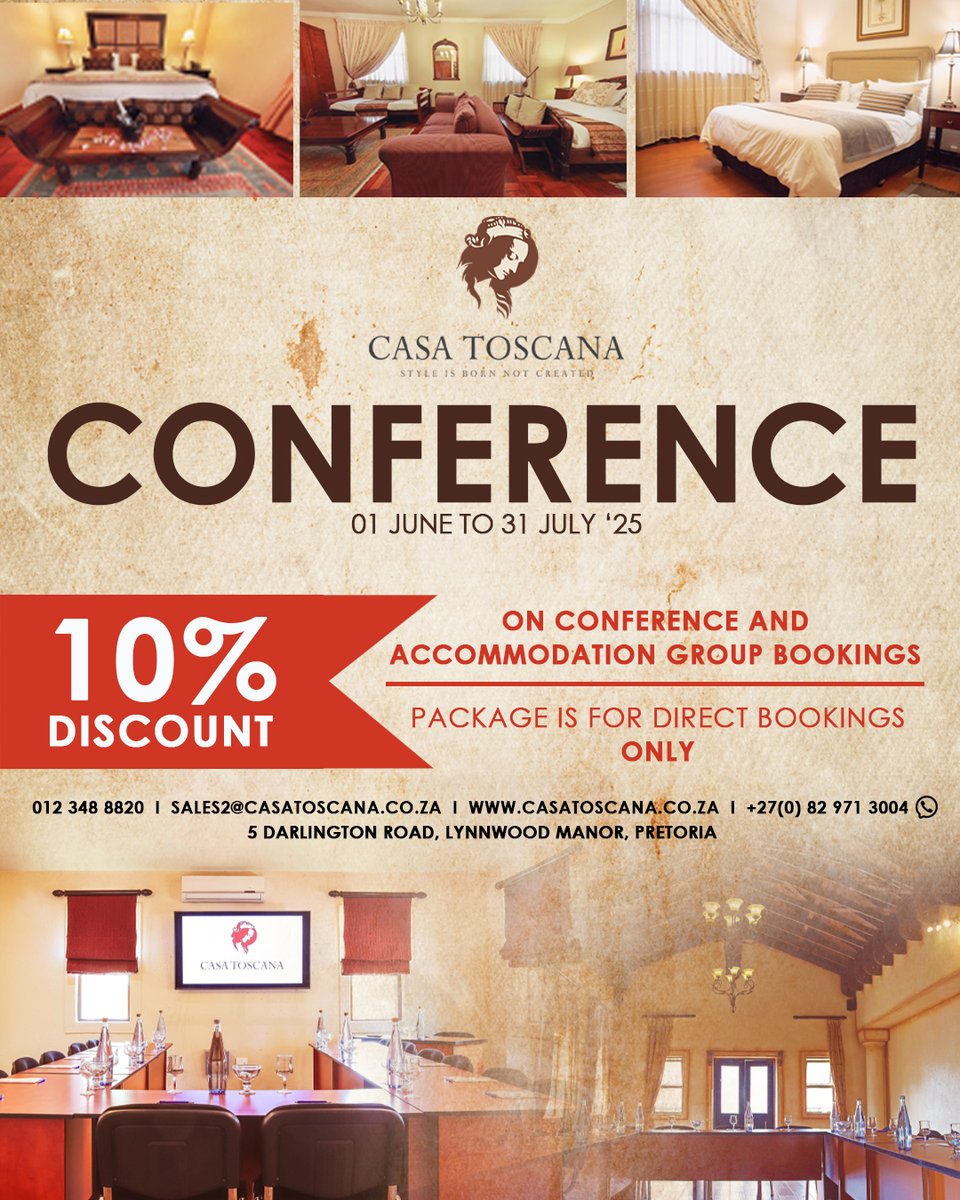Planning a conference? Let Casa Toscana handle it all – from venues to accommodation! 🌟 Your boss might just give you a raise 😉

July special now on 👉 bit.ly/3ZjVEZ2
📧 sales2@casatoscana.co.za
#ConferenceVenue #CasaToscana #PretoriaEvents #TeamBuilding