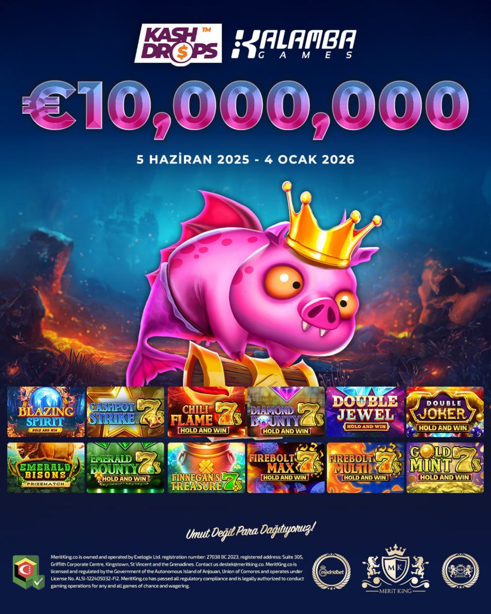 Kalamba Games’ten 10 MİLYON €’luk Kash Drops Yağmuru Meritking’de! 💸

📅 5 Haziran 2025 – 4 Ocak 2026 arasında
💶 Her biri 1 MİLYON € değerinde 10 ayrı kampanya seni bekliyor!

Meritking Güncel Giriş : t.ly/meritkingtt

#Meritking Galatasaray