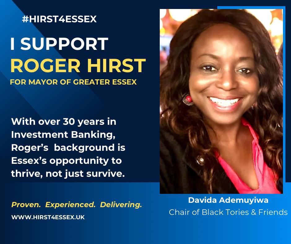 Hirst4EssexPFCC's tweet image. Thank you to Davida Ademuyiwa, Chair of Black Tories, for her support. She has confidence that I have the skills to kickstart our economy in Essex.