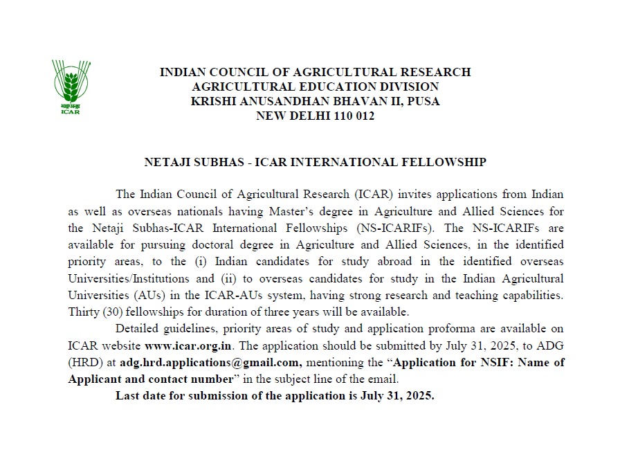 IndiaInBahrain's tweet image. Apply Now! ICAR invites applications for the Netaji Subhas-ICAR International Fellowships to pursue doctoral degree in Agriculture & Allied Sciences.
•Open to Indian & overseas candidates
•Deadline: July 31, 2025
•Detailed guidelines & application form:icar.org.in