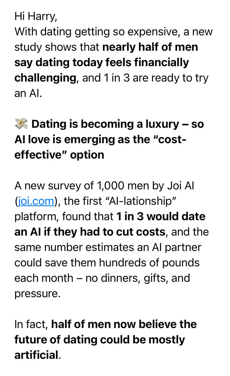 hwallop's tweet image. 🐂💩 press release of the day…
1 in 3 men are ready to try “AI love as a cost effective option”.
No they’re not. You’ve just asked them a leading question in a survey and skewed the results in a desperate attempt to get a headline.