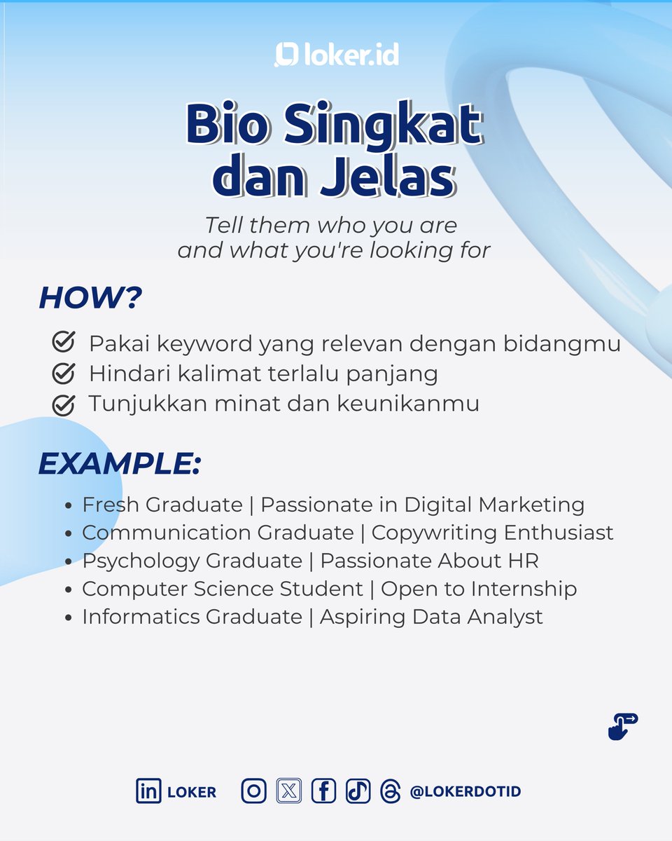 lokerdotid's tweet image. Kira-kira biar apa ya LinkedIn kita sebagai jobseeker harus keisi?

Yaa, biar recruiter gak cuma lihat lalu skip~
Kamu perlu upgrade LinkedIn, bestie!

#tipskarier #tipskerja #tipscv
