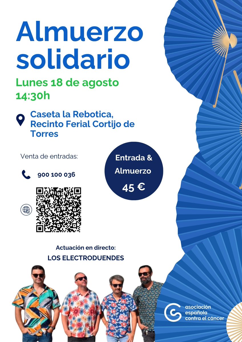 ContraCancerMA's tweet image. Este año tu Feria puede ser solidaria. El 18 de agosto, a las 14:30h, almuerzo a beneficio de la Asociación Española Contra el Cáncer con actuación en directo de @electroduendes_
Venta de entradas en el ☎️900 100 036
#TodosContraElCáncer