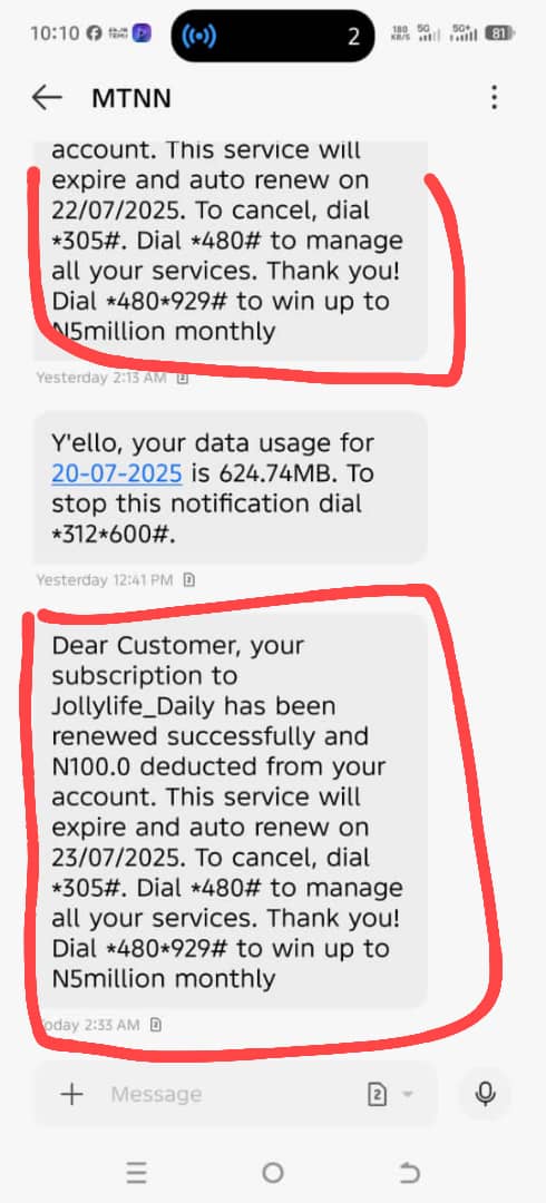 FRAUD: UNSOLICITED ADS DEDUCTION BY MTN
<a href="/MTNNG/">MTN Nigeria</a> <a href="/MTNza/">MTN South Africa</a> You’ve been deducting ₦100 weekly/monthly for unsolicited ads we never subscribed to. This is daylight fraud. We demand accountability. <a href="/NgComCommission/">ncc.gov.ng</a> must step in for justice. #StopTheFraud #MTN #EndSARS <a href="/ARISEtv/">ARISE NEWS</a> #bb27