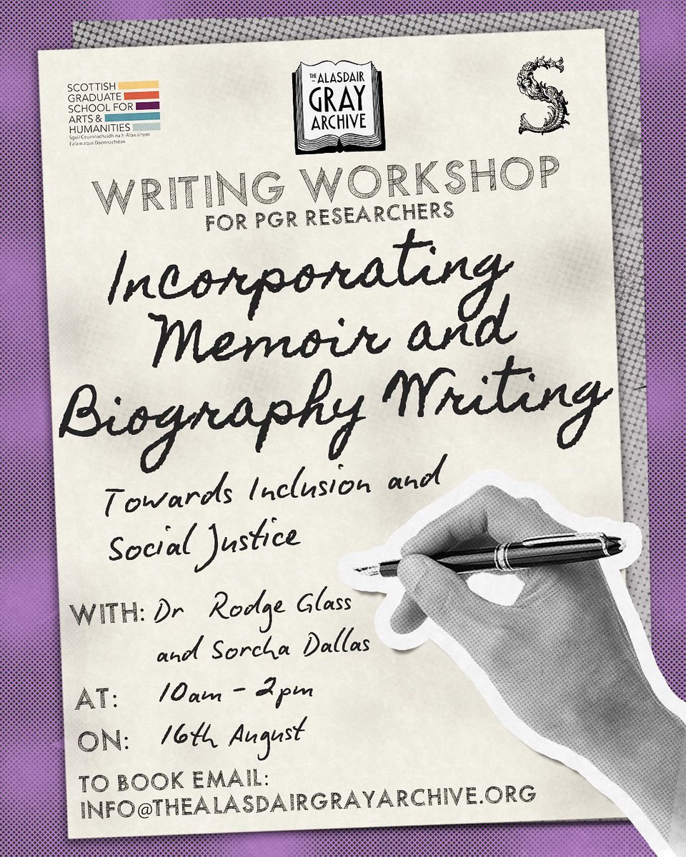 AGrayArchive's tweet image. BOOK NOW - 25 spaces for PGR researchers for a FREE WORKSHOP with @rodgeglass & @GraySorcha supported by @sgsah & @UniStrathclyde
🗓️ 16.08.25 10am-2pm
📍AGA
- Support for travel and access costs
- Lunch included
🎫 booking essential via info@thealasdairgrayarchive.org