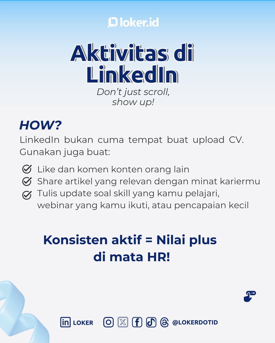 lokerdotid's tweet image. Mulai dari foto sampai skill yang ditampilkan, semuanya bisa bantu kamu dilirik HR!

Save dan tag temenmu yang LinkedInnya masih kosong melompong.🫣

Follow @lokerdotid buat tips karier dan update loker baru setiap hari!

#tipskarier #tipskerja #tipscv