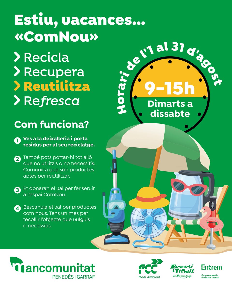 Aj_Canyelles's tweet image. ♻️Nou horari d&apos;estiu de l&apos;Espai &apos;Com Nou&apos;
📅De l&apos;1 al 31 d&apos;agost
🕡De 9h a 15h
👉De dimarts a Dissabte

📍 Carrer Malausaia, 8 (Polígon Industrial Clot de Moja, Olèrdola)
📞 674 601 652
📩 comnou@mancomunitat.cat
@mancomunitatpg

#ComNou #Reutilitza #Sostenibilitat