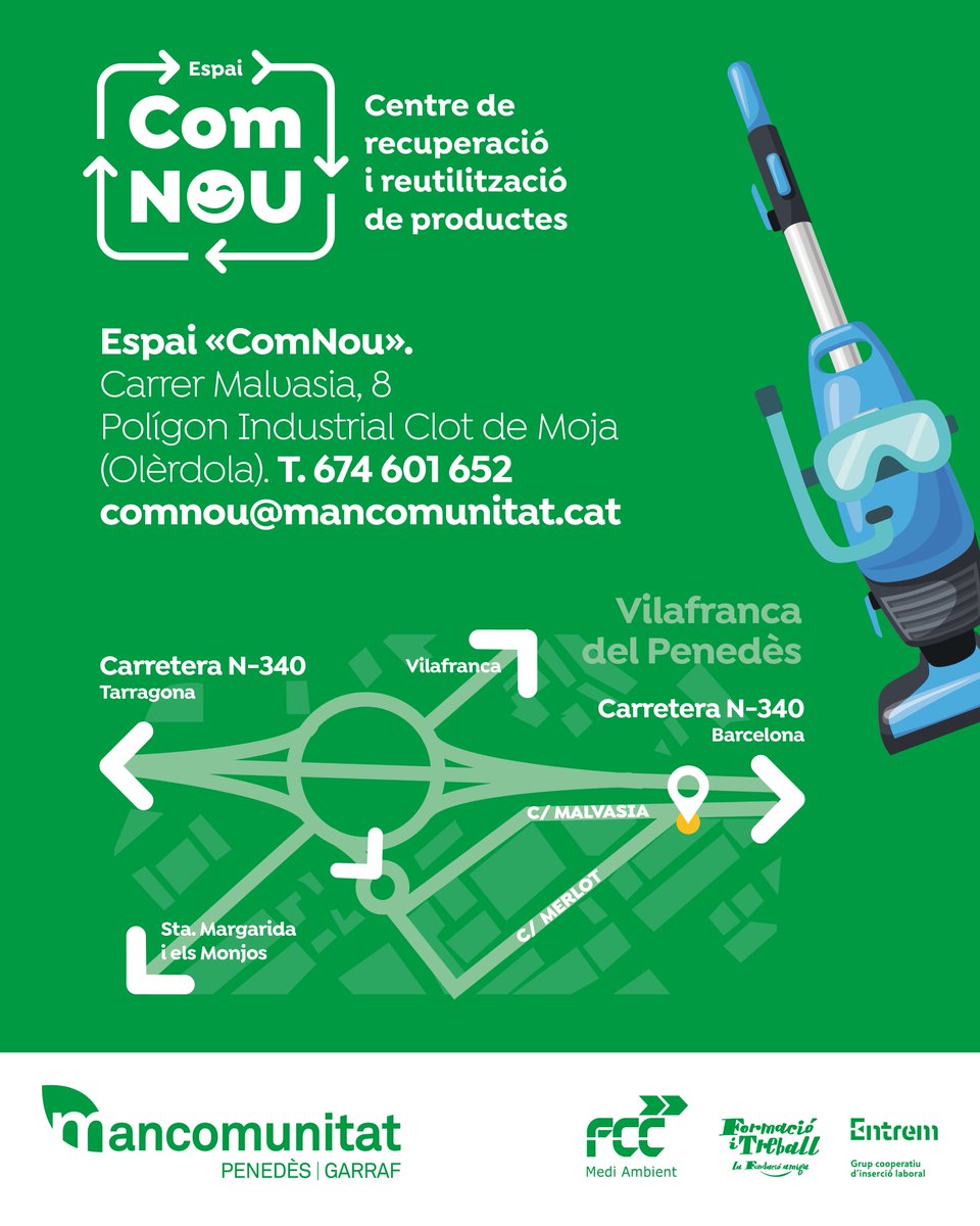 Canyelles (@aj_canyelles) on Twitter photo ♻️Nou horari d'estiu de l'Espai 'Com Nou'
📅De l'1 al 31 d'agost
🕡De 9h a 15h
👉De dimarts a Dissabte
📍 Carrer Malausaia, 8 (Polígon Industrial Clot de Moja, Olèrdola)
📞 674 601 652
📩 comnou@mancomunitat.cat
@mancomunitatpg
#ComNou #Reutilitza #Sostenibilitat ♻️Nou horari d'estiu de l'Espai 'Com Nou'
📅De l'1 al 31 d'agost
🕡De 9h a 15h
👉De dimarts a Dissabte
📍 Carrer Malausaia, 8 (Polígon Industrial Clot de Moja, Olèrdola)
📞 674 601 652
📩 comnou@mancomunitat.cat
@mancomunitatpg
#ComNou #Reutilitza #Sostenibilitat