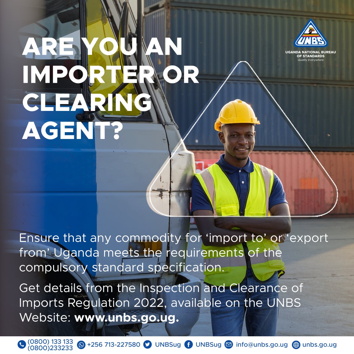 UNBSug's tweet image. Are you an importer/clearing agent?

The Inspection and clearance of imports   regulation 2022 states that a person shall not import into or export from   Uganda, any commodity that does not meet requirements of the compulsory   standard specification.
Get the regulation here…