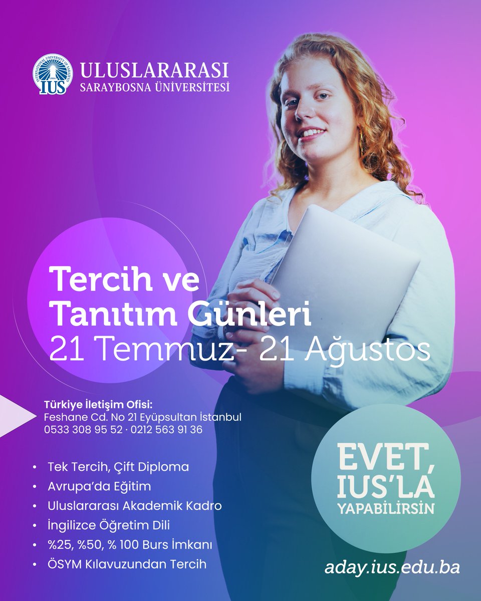 iussarajevo's tweet image. 🎓 Tercih ve Tanıtım Günleri Başladı!
📅 Seni Uluslararası Saraybosna Üniversitesi’ni yakından tanımaya davet ediyoruz.
📍 İstanbul Eyüpsultan’daki Türkiye İletişim Ofisimizde seni bekliyoruz:
Feshane Cd. No: 21 Eyüpsultan - İstanbul
📞 0533 308 95 52 · 0212 563 91 36