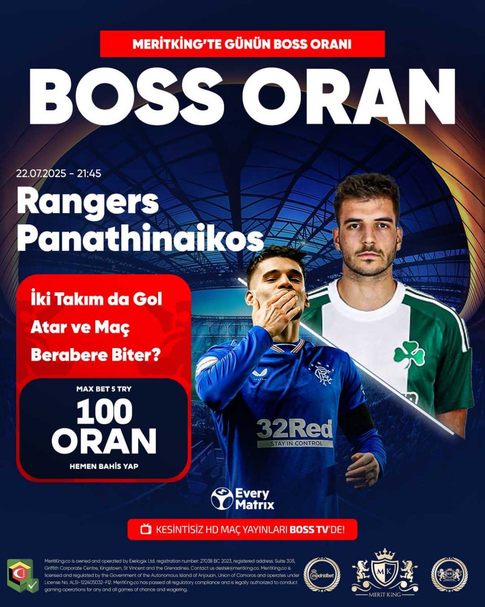 💥 MeritKing’de Günün Boss Oranı!
📢 Rangers – Panathinaikos
 ⚽Her iki takım gol atar &amp; maç berabere biter seçeneğine 100 ORAN!
🎲 Maksimum bahis: 5 TRY
🎯 Hemen MeritKing’e gel, Boss Oran’ı kaçırma!
Güncel Giriş : t.ly/meritkingtt
#Meritking #Hakan #Benfica -Meritking