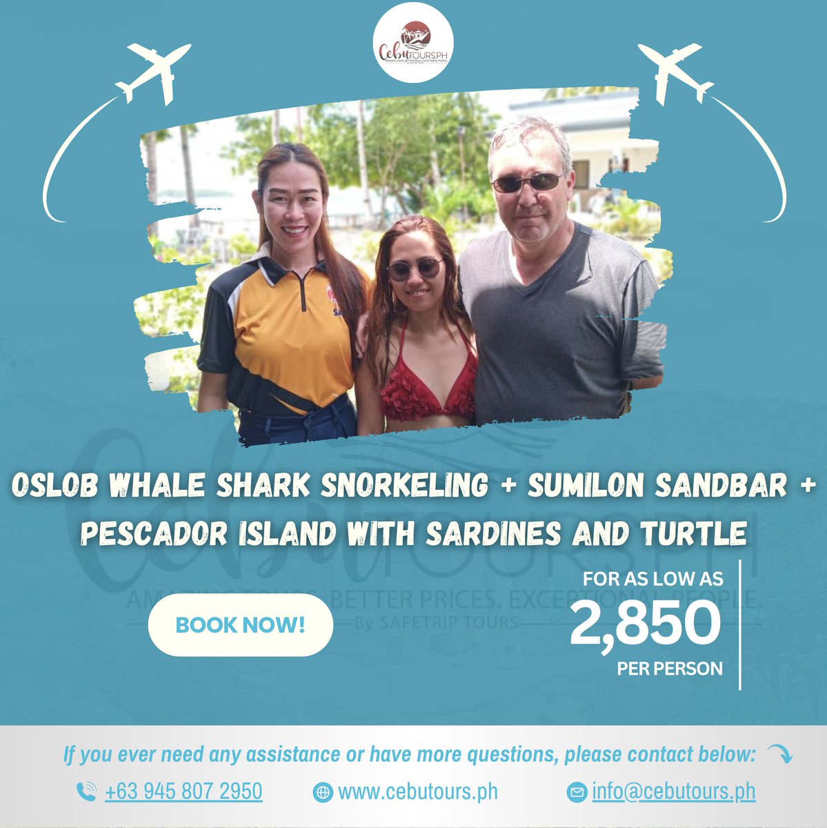 CebuTours's tweet photo. We’re beyond grateful to be part of your journey through Cebu’s finest gems:

🐋 Oslob Whale Shark Snorkeling
🏝️ Sumilon Sandbar
🐢 Pescador Island w/ Sardines &amp; (maybe!) turtles!
✨ Private, hassle-free tour for only ₱2,850/person!

🎟️ Book now 👇
 https://t.co/eVyzcHJLfD https://t.co/yRnPXca2rQ