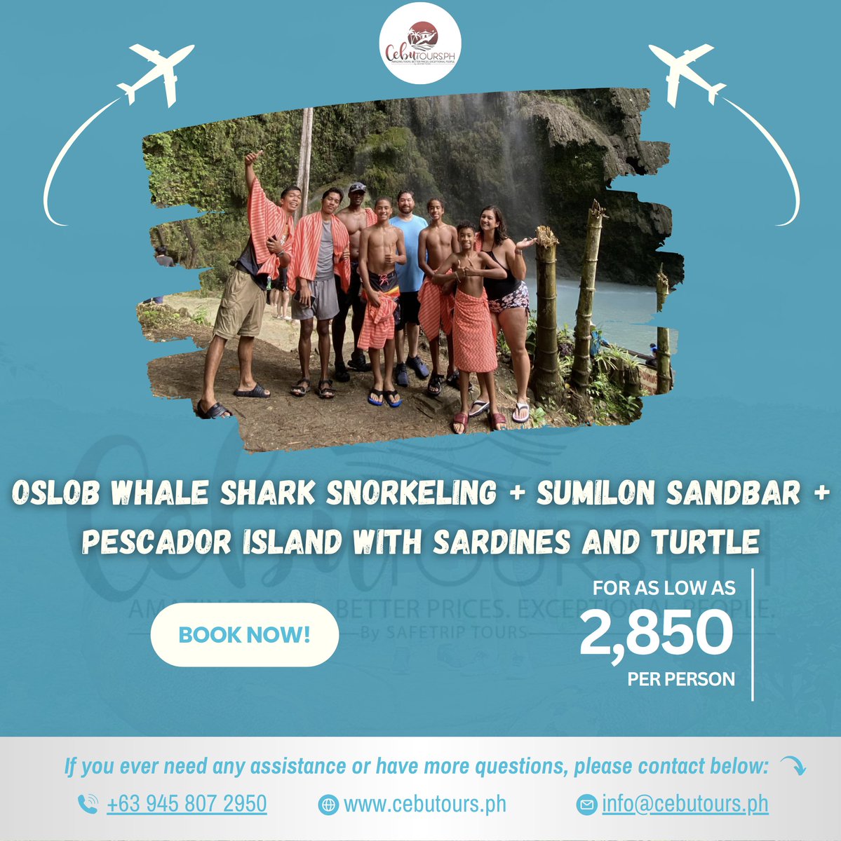CebuTours's tweet photo. We’re beyond grateful to be part of your journey through Cebu’s finest gems:

🐋 Oslob Whale Shark Snorkeling
🏝️ Sumilon Sandbar
🐢 Pescador Island w/ Sardines &amp; (maybe!) turtles!
✨ Private, hassle-free tour for only ₱2,850/person!

🎟️ Book now 👇
 https://t.co/eVyzcHJLfD https://t.co/yRnPXca2rQ