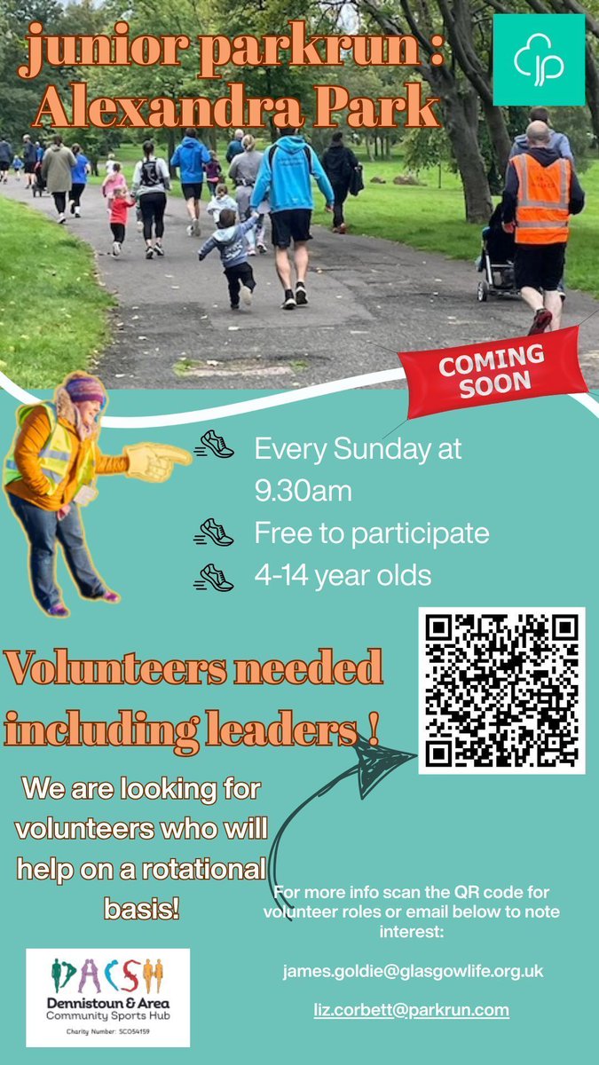 DACSH (@dacsh23) on Twitter photo 🌟 Volunteers Wanted! 🌟
Help make @juniorparkrun at Alexandra Park amazing for kids aged 4–14! Just a small time commitment on Sundays at 9:30am. Scan the QR code on the poster or email:
💌 james.goldie@glasgowlife.org.uk
💌 liz.corbett@parkrun.com
#JuniorParkrun #loveparkrun 🌟 Volunteers Wanted! 🌟
Help make @juniorparkrun at Alexandra Park amazing for kids aged 4–14! Just a small time commitment on Sundays at 9:30am. Scan the QR code on the poster or email:
💌 james.goldie@glasgowlife.org.uk
💌 liz.corbett@parkrun.com
#JuniorParkrun #loveparkrun