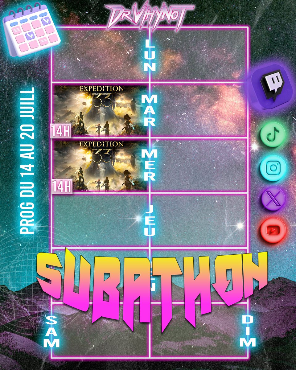 Dr_Why_Not's tweet image. PLANNING LIVE DE LA SEMAINE
Mardi et mercredi on continue de foudroyer la map de #ClairObscureExpedition33
Vendredi soir commencera notre subathoooon de l'été. 1 cadeaux a gagner tout les 20subs, des happening, des guest etc un beau week-end qui s'annonce