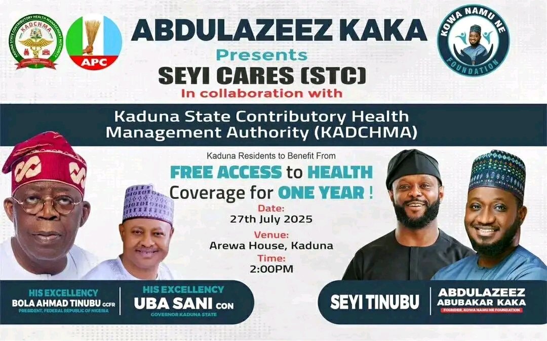 Almajiri🥀 (@tudunwada__mi) on Twitter photo In a bid to support President Tinubu’s Renewed Hope Agenda on healthcare access, Hon. <a href="/Abunaah/">Abdulazeez Abubakar Kaka</a>, in partnership with KADCHMA and the Kaduna State government, has introduced the “Seyi Cares” initiative to provide free health insurance for vulnerable residents of Kaduna North. In a bid to support President Tinubu’s Renewed Hope Agenda on healthcare access, Hon. <a href="/Abunaah/">Abdulazeez Abubakar Kaka</a>, in partnership with KADCHMA and the Kaduna State government, has introduced the “Seyi Cares” initiative to provide free health insurance for vulnerable residents of Kaduna North.