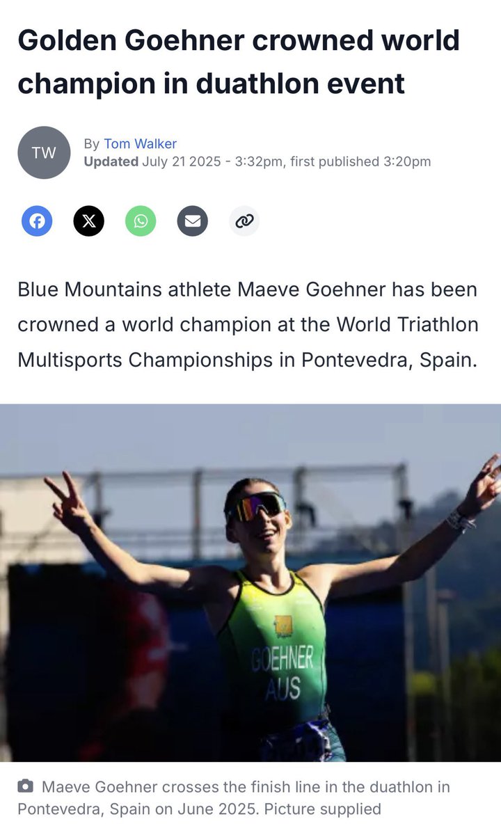 dizdarm's tweet image. Congratulations to former Blaxland High School student, Maeve Goehner, for being crowned world champion at the World Triathlon Multisports Championships in Spain. Maeve earned her podium spot in the standard distance duathlon. Another terrific #DoEAlumni! bluemountainsgazette.com.au/story/9019511/…