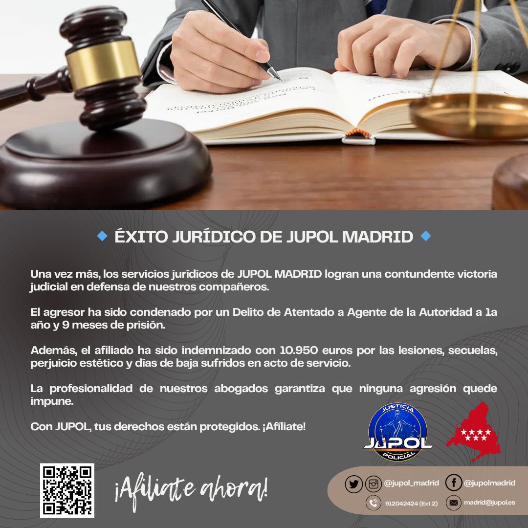 🔹 ¡ÉXITO JURÍDICO de JUPOL MADRID! 

Nuestros abogados logran condena de 1 año y 9 meses por Atentado a Agente de la Autoridad 💥

💶 Indemnización de 10.950€ para el compañero agredido

👨‍⚖️ ¡Ni una agresión sin respuesta!

Con JUPOL, tus derechos están protegidos 💪⚖️