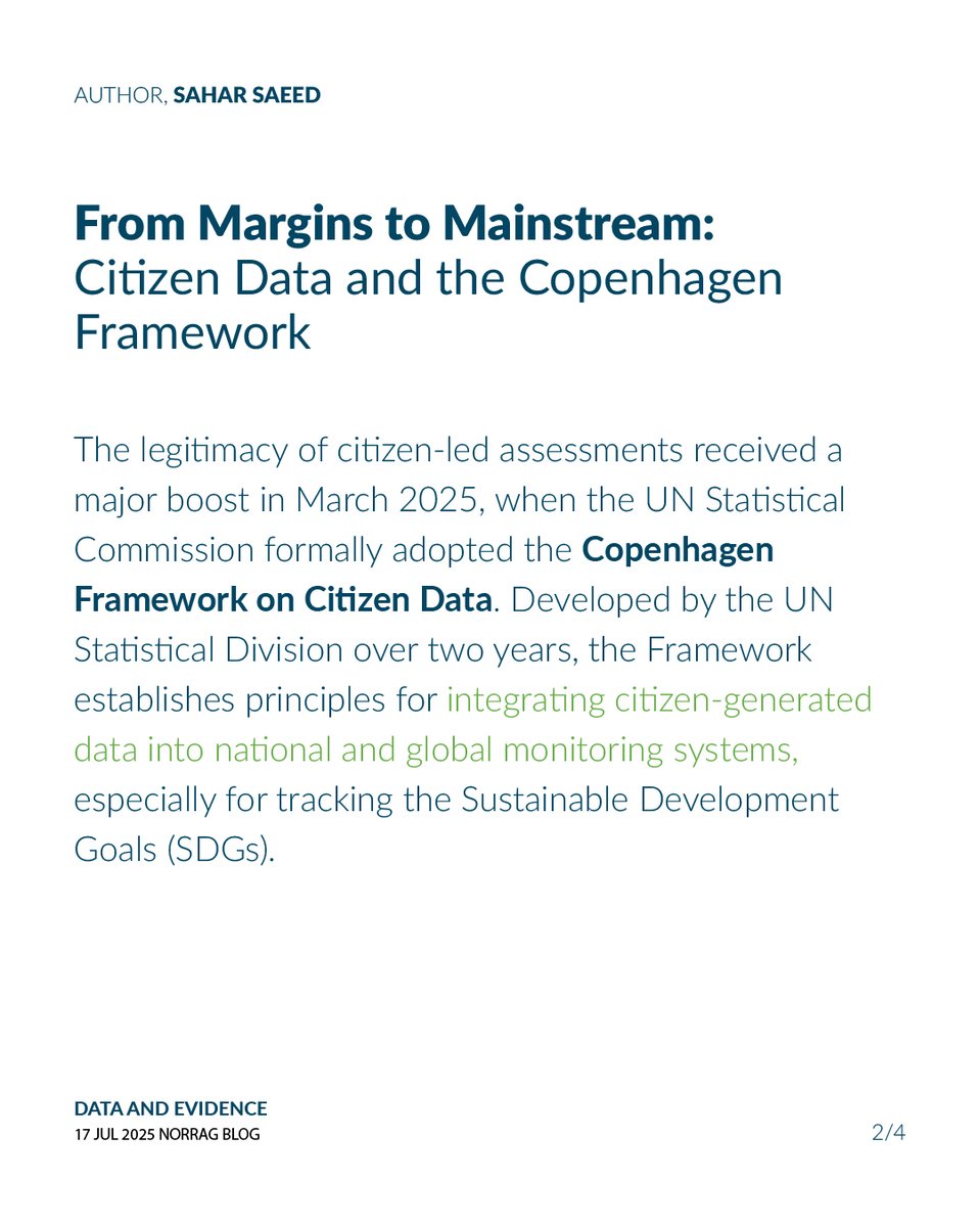 palnetworkHQ's tweet image. The UN Statistical Commission formally adopted the Copenhagen Framework on Citizen Data, elevating the legitimacy of citizen-generated evidence in global and national monitoring.
In this blog published by @norrag , Sahar Saeed the Deputy Director of Research at @itacecorg and a…