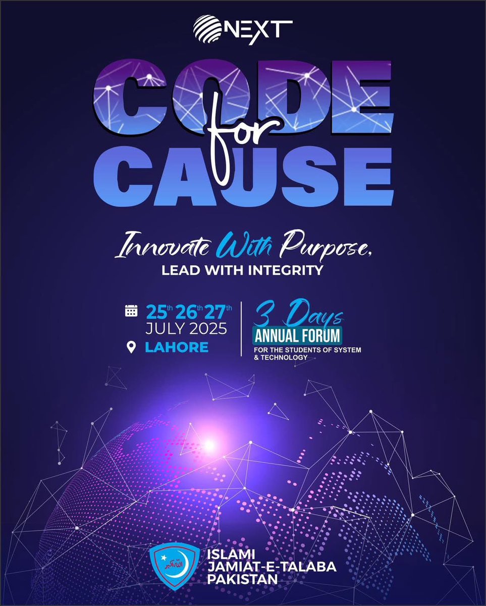 JamiatPK's tweet image. 🌍 NEXT: CODE FOR CAUSE 🌟
Let’s Code for a Greater Cause.
🗓 Dates: July 25–27, 2025
📍 Location: Students’ Center, Ichra-Lahore, Pakistan
🔗 Register Now: nextijt.com/events/code-fo…
🔔 Stay tuned for updates!
#JamiatPk #CodeForCause #ITCamp