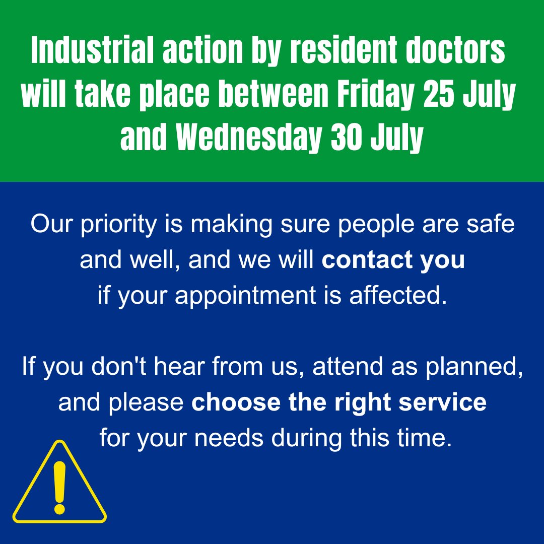 Industrial action by resident doctors will take place between Friday 25 July and Wednesday 30 July. During times of industrial action, our priority is to provide safe care. Please help us by choosing the right services for your needs. More info here: uhd.nhs.uk/news/latest-ne…