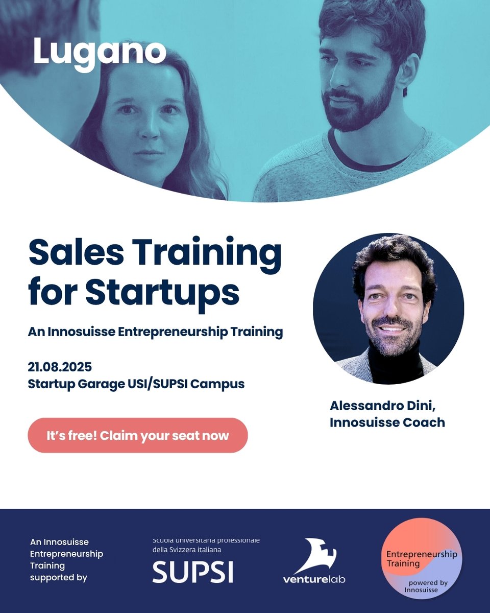 venturelab_ch's tweet image. Ready to boost your startup sales? Join Us in Lugano! innosuisse.venturelab.ch/index.cfm?&pag…
Sales are the engine of every growing startup, but mastering them takes more than charisma. That’s why we’re bringing together early- and growth-stage founders for the focused @Innosuisse…
