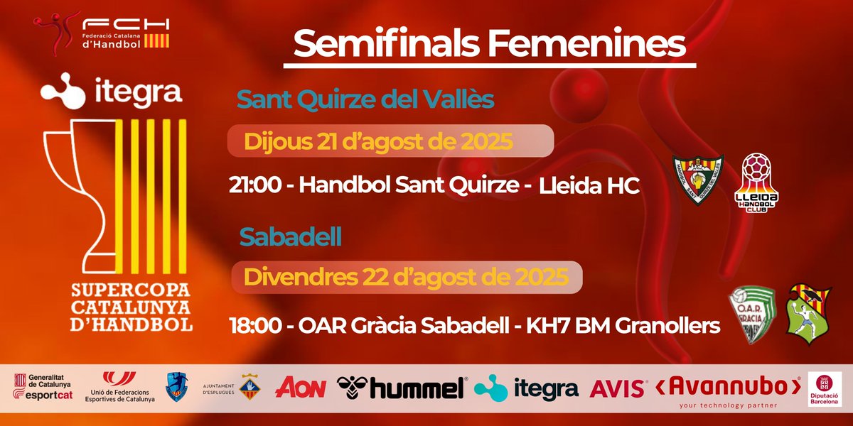 FedCatHandbol's tweet image. No et perdis les semifinals de la Supercopa de Catalunya d’Handbol ITEGRA 2025!

El pròxim 21 i 22 d’agost el millor handbol català es donarà cita a Sant Quirze del Vallès, Sabadell i Bordils amb els quatre partits de les semifinals.

Les finals es disputaran el dimarts 26…