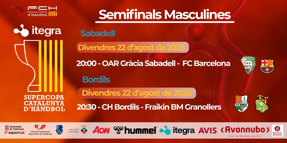 FedCatHandbol's tweet image. No et perdis les semifinals de la Supercopa de Catalunya d’Handbol ITEGRA 2025!

El pròxim 21 i 22 d’agost el millor handbol català es donarà cita a Sant Quirze del Vallès, Sabadell i Bordils amb els quatre partits de les semifinals.

Les finals es disputaran el dimarts 26…