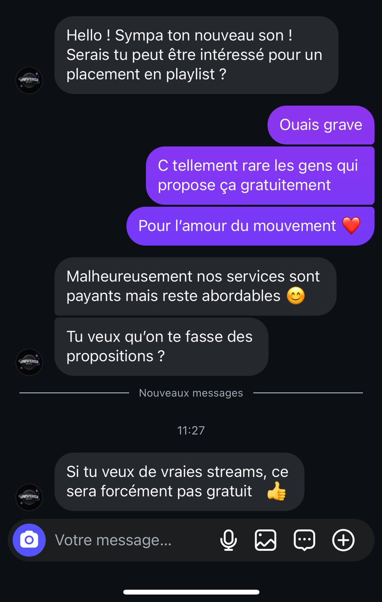 Face a la demande énorme je vous met la suite de la conversation avec un petit bonus relance ce matin 😂😂😂

En mode les faux stream c’est payant ?