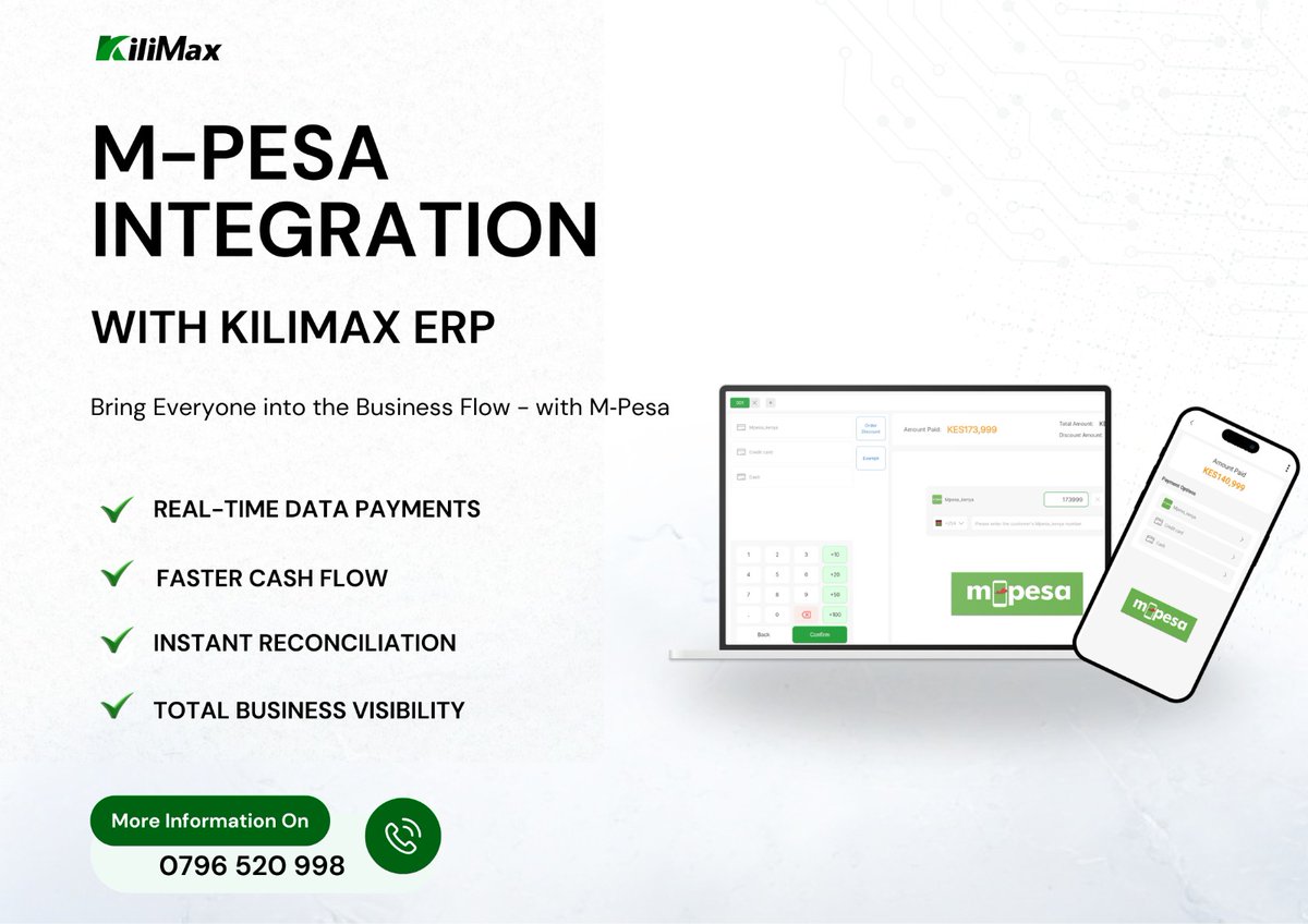 KilimaxSoftware's tweet image. In Kenya, M-Pesa isn’t optional. It’s how people pay.
KiliMax integrates M-Pesa right into your Retail &amp;amp; Sales module.

✅ Real-time payments
✅ Accurate reports
✅ Less manual work

Tools should fit your business, not fight it.
#KiliMax #RetailTools #MPesa #ERPForGrowth