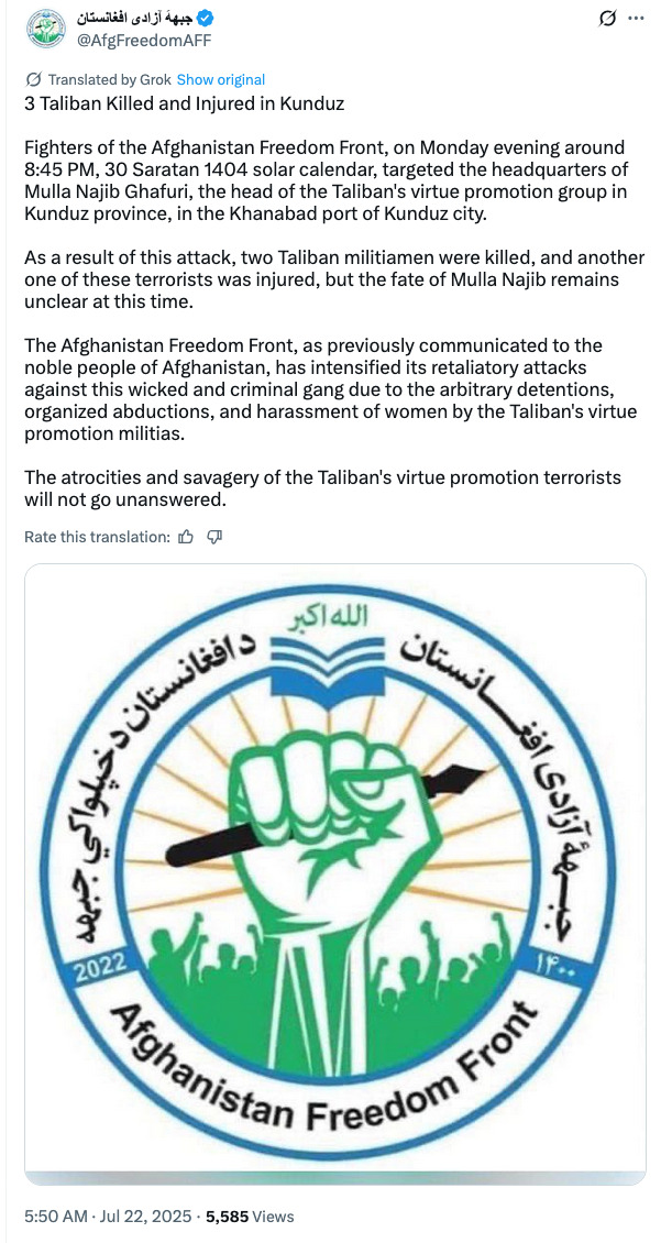 Qaisalamdar's tweet image. #Afghanistan | 🚨The AFF claimed they attacked the Taliban's MPVPV employees in Kunduz province, allegedly killing two Taliban members.
Recently, the AFF warned they will attack the Taliban's MPVPV for the recent arrest of women in Kabul.