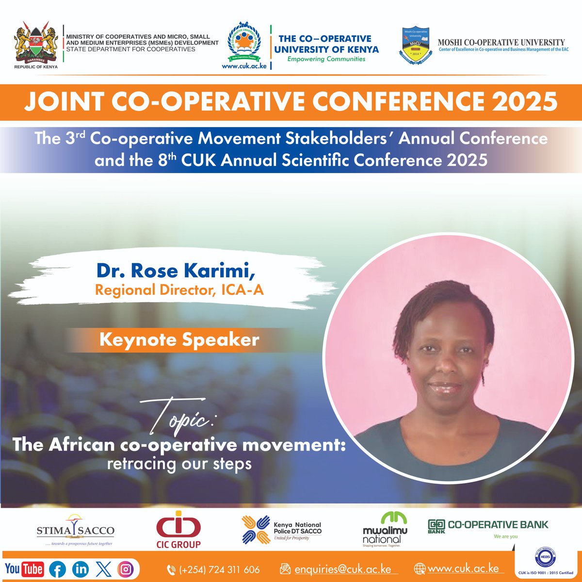 Dr. Rose Karimi, the Regional Director of the <a href="/ICA_AFRICA1/">International Cooperative Alliance - Africa</a>, delivers a keynote address on the African Co-operative Movement: Retracing our Steps.
#CooperativesBuildBetter
<a href="/benchitunga/">Dr. Benard William Chitunga</a> I <a href="/vc_cuk/">Vice-Chancellor@CUK</a> I <a href="/Prof_IKNyamongo/">Isaac K. Nyamongo, MBS</a> I <a href="/Ushirika_Kenya/">State Department for Co-operatives</a> I <a href="/Prof_IKNyamongo/">Isaac K. Nyamongo, MBS</a> I <a href="/MoCU_Official/">mocu_official</a> I <a href="/stimasacco/">STIMA SACCO</a>