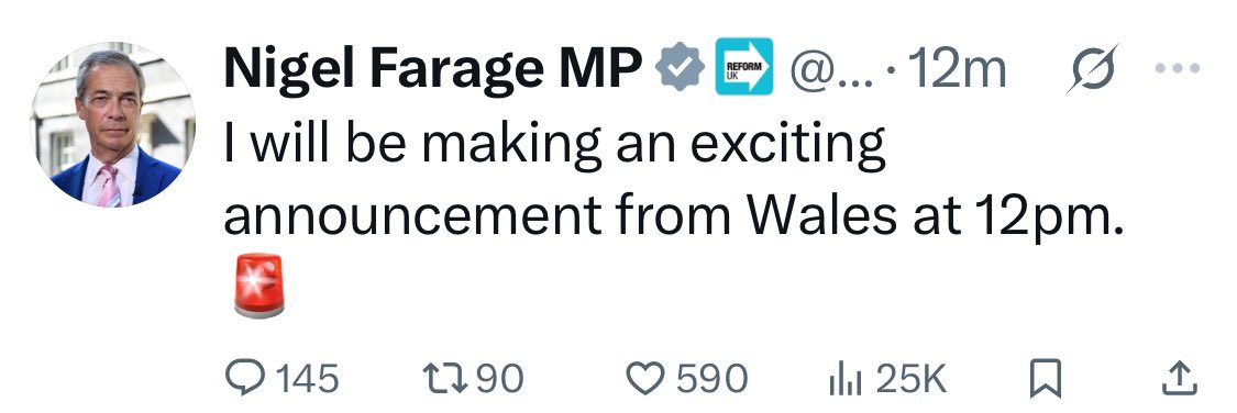 EPriceJourno's tweet image. Farage to make an announcement from the Royal Welsh Show at midday today.