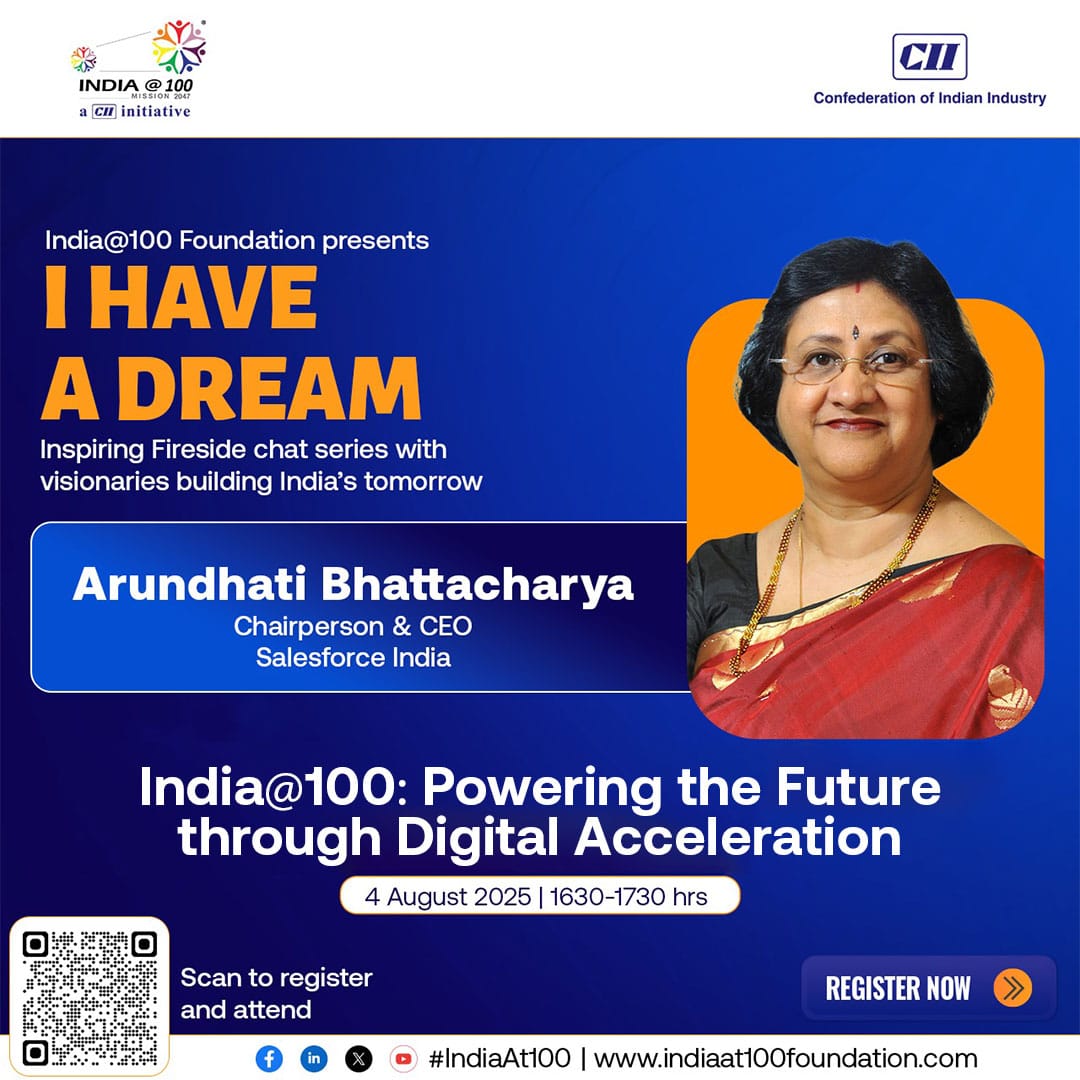 Indiaat100 (A CII Initiative) (@indiaat75) on Twitter photo Join Smt. Arundhati Bhattacharya, Chairperson & CEO, <a href="/salesforce/">Salesforce</a> in the India@100 Fireside Chat Series as she shares her vision for a digitally powered India.
4 Aug | 4:30–5:30 PM | Virtual
🔗 Register: cam.mycii.in/ORNew/Registra…
<a href="/FollowCII/">Confederation of Indian Industry</a> <a href="/CIIEvents/">CII Live</a> Join Smt. Arundhati Bhattacharya, Chairperson & CEO, <a href="/salesforce/">Salesforce</a> in the India@100 Fireside Chat Series as she shares her vision for a digitally powered India.
4 Aug | 4:30–5:30 PM | Virtual
🔗 Register: cam.mycii.in/ORNew/Registra…
<a href="/FollowCII/">Confederation of Indian Industry</a> <a href="/CIIEvents/">CII Live</a>