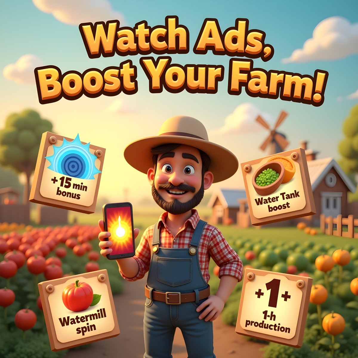 🎉 Good Morning Farmers! 🌽☀️

Let’s plow into Tuesday with full energy!
Don’t forget to watch ads and multiply your rewards! 

📺 One ad = Massive gains!
🎁 +15 min seed &amp; yield bonus
🎡 +Watermill spin
🚿 +Water Tank boost
🌾 +1 hour production boost!

⏳ 10 seconds well spent