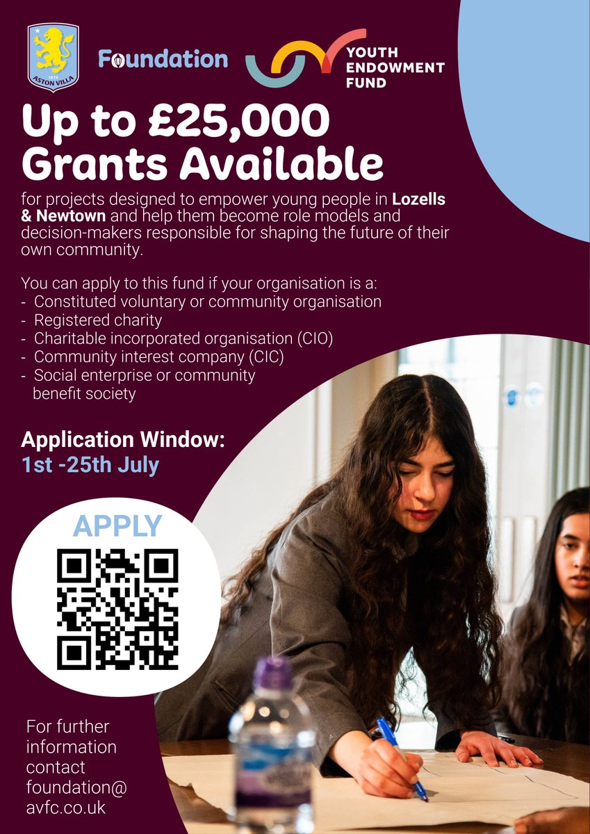 AVFCFoundation's tweet image. Through the Youth Endowment Fund’s Neighbourhood Fund, there are grants available for local charities and organisations in the Lozells and Newtown areas that aim to empower young people to become role models and key decision-makers.
You can apply here: linktr.ee/avfyef