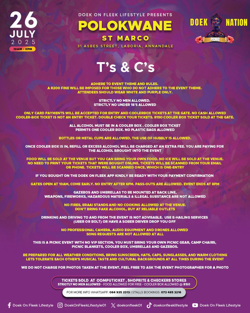 doekonfleek01's tweet image. 🔥 4 Days Until the Streets of Polokwane Feel the Heat! 💃✨
Doekwane ya gago e ready na?👇
📆: Sat 26 July 2025
📍: St Marco
👗: All white with a touch of Purple
👉Follow link to Get your tickets 🎫
shorturl.at/Il5eb
@nsukuumabunda
@MasterKGsa @Ladydu_sa