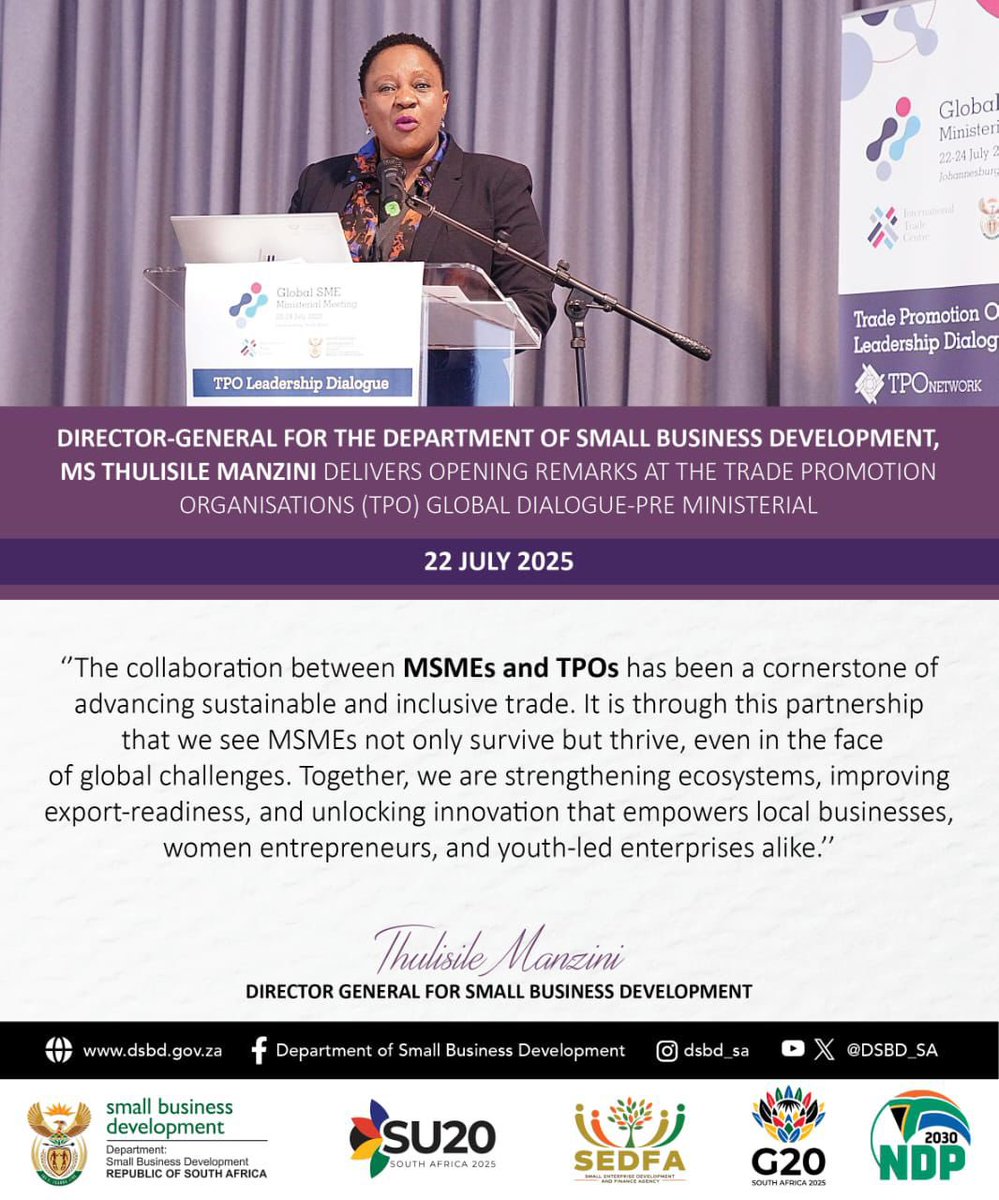 DSBD_SA's tweet image. Highlights I The Director-General for the Department of Small Business Development, Ms Thulisile Manzini delivering opening remarks at the Trade Promotion Organisation (TPO) Global Dialogue Pre-Ministerial.
#startup20 #su20 #g20 #midtermengagement #entrepreneurship #startup #msme…