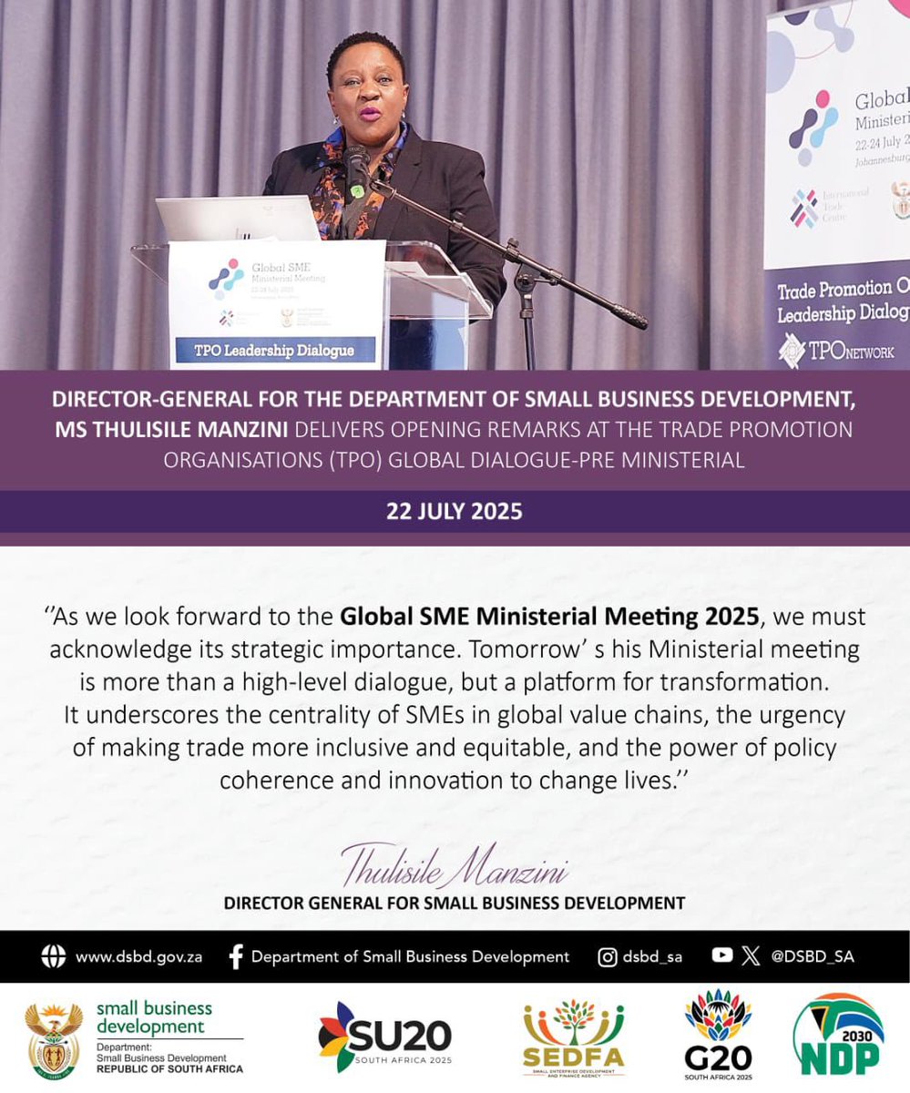 DSBD_SA's tweet image. Highlights I The Director-General for the Department of Small Business Development, Ms Thulisile Manzini delivering opening remarks at the Trade Promotion Organisation (TPO) Global Dialogue Pre-Ministerial.
#startup20 #su20 #g20 #midtermengagement #entrepreneurship #startup #msme…