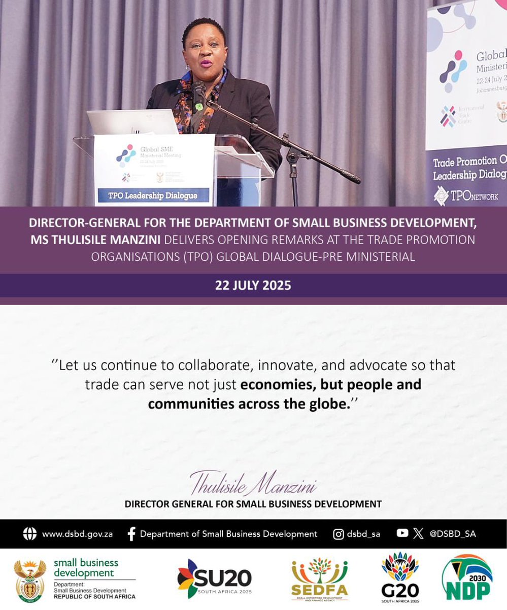 DSBD_SA's tweet image. Highlights I The Director-General for the Department of Small Business Development, Ms Thulisile Manzini delivering opening remarks at the Trade Promotion Organisation (TPO) Global Dialogue Pre-Ministerial.
#startup20 #su20 #g20 #midtermengagement #entrepreneurship #startup #msme…