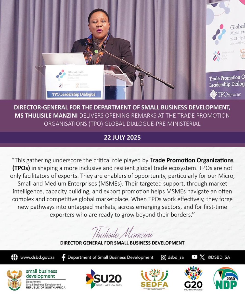 DSBD_SA's tweet image. Highlights I The Director-General for the Department of Small Business Development, Ms Thulisile Manzini delivering opening remarks at the Trade Promotion Organisation (TPO) Global Dialogue Pre-Ministerial.
#startup20 #su20 #g20 #midtermengagement #entrepreneurship #startup #msme…