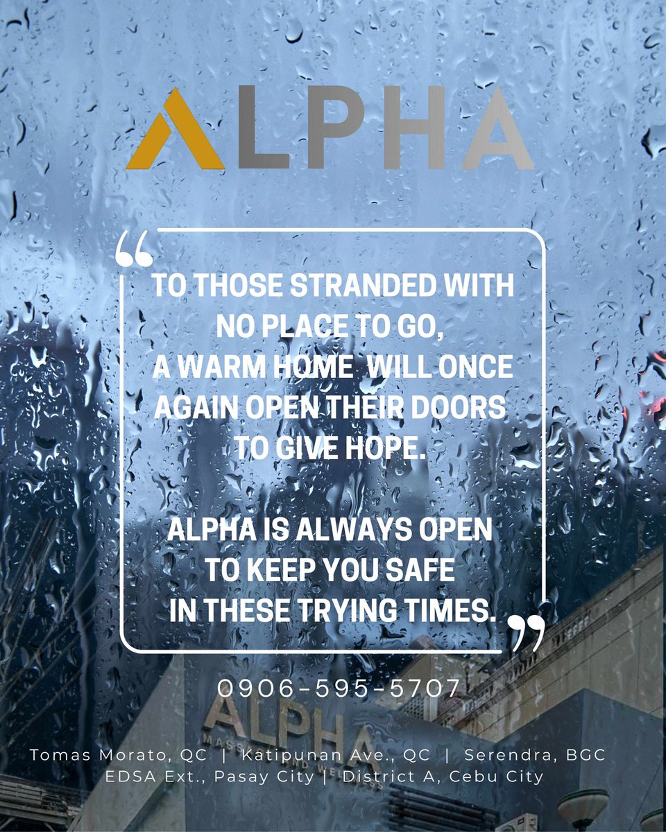 Thinking twice? We understand the FEAR OF GETTING STRANDED 🥹

Sa #AlphaMassage pwede kang mag stay lalo na pag umuulan at bumabaha 🌊

We will not ask you to leave when it's unsafe outside. Instead we'll offer you a place to stay &amp; rest ♥️

WELCOME TAYONG LAHAT DITO 🏳️‍🌈