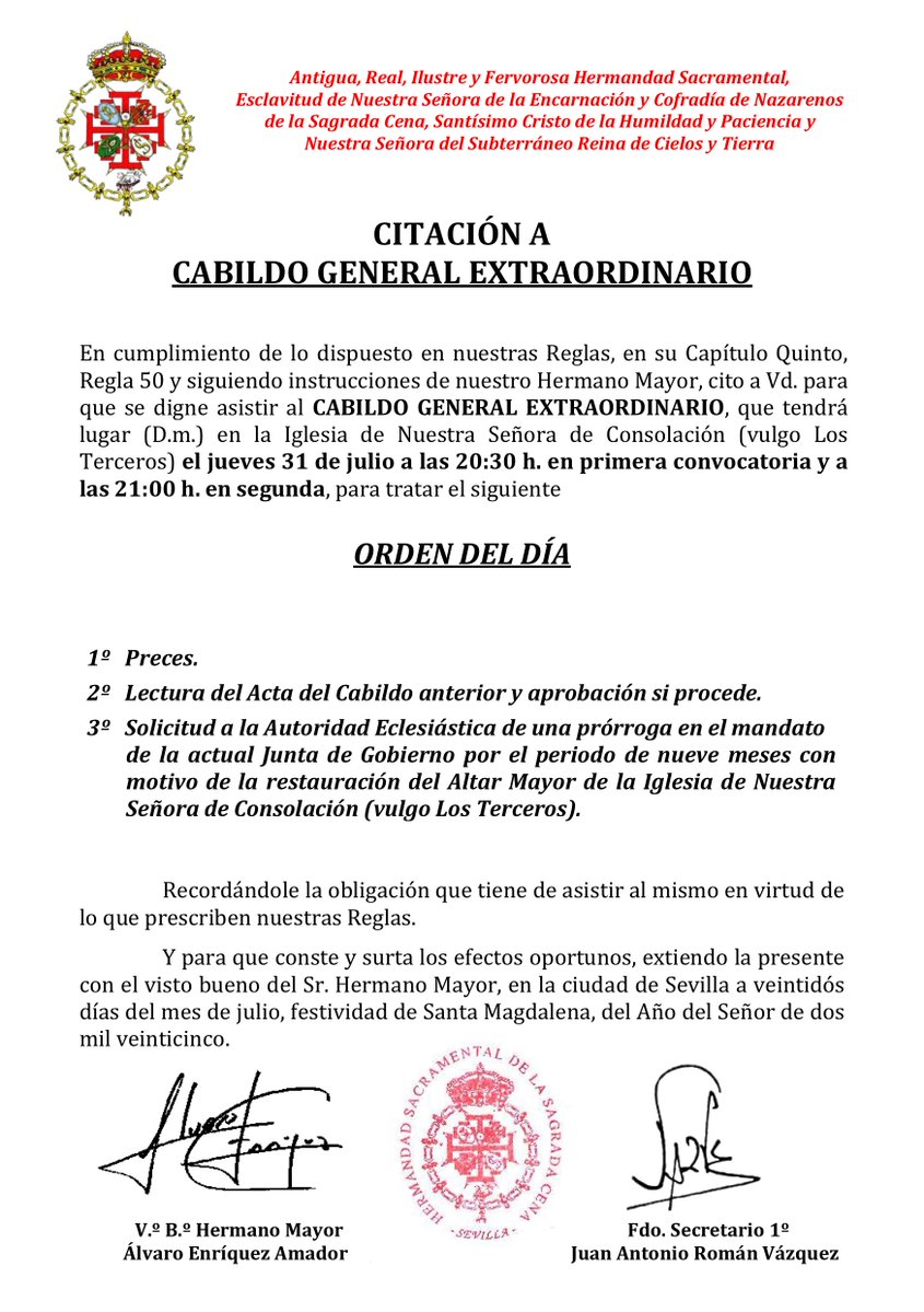 CABILDO GENERAL EXTRAORDINARIO | El próximo jueves 31 de julio a las 21:00 horas celebraremos un Cabildo General Extraordinario en la iglesia de los Terceros.

Puede consultar el orden del día en la imagen adjunta.