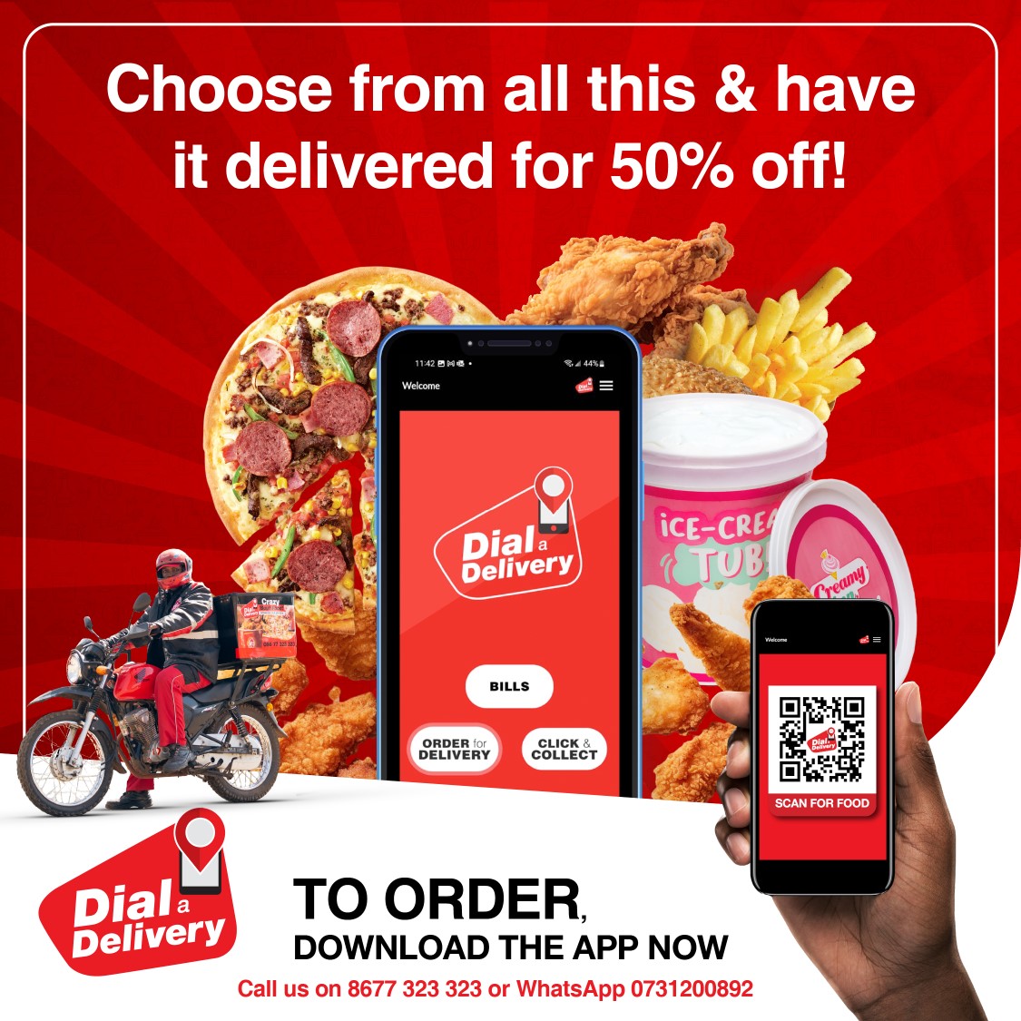 So much to choose from with Dial A Delivery, plus 50% your delivery fees when you order every Wednesday! Download the app from the Google Play Store or App Store and see for yourself.

#DialADelivery #App #Discount #Promo #FoodDelivery