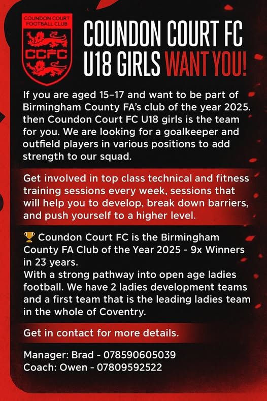 Coundon Court LFC (@coundoncourtlfc) on Twitter photo ๐ข U18 Girls Players Wanted!
Aged 15โ17? Join Coundon Court FC U18 girls โ they're recruiting outfield players & a GK!
๐ช Weekly top-level training
โฝ Pathway to open age womenโs football at Tier 5
๐ Coventry-based
Drop us a message and we'll pass on your details ๐ฆ ๐ข U18 Girls Players Wanted!
Aged 15โ17? Join Coundon Court FC U18 girls โ they're recruiting outfield players & a GK!
๐ช Weekly top-level training
โฝ Pathway to open age womenโs football at Tier 5
๐ Coventry-based
Drop us a message and we'll pass on your details ๐ฆ