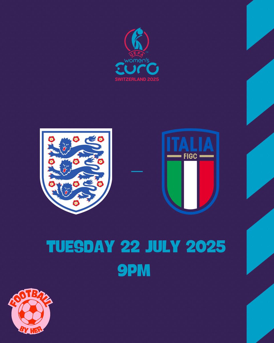 🇪🇺⚽️ EURO 2025 – Semi-final Tonight!
It all comes down to this. England vs Italy

📅 Tonight
🏟️ England🏴󠁧󠁢󠁥󠁮󠁧󠁿vs 🇮🇹 Italy
⏰ Kick-off: 21:00 (CET)

Who will make it to the final?! 💥

#WEURO2025 #EnglandVsItaly #SemiFinal #RoadToTheFinal #WomensFootball #FootballByHer