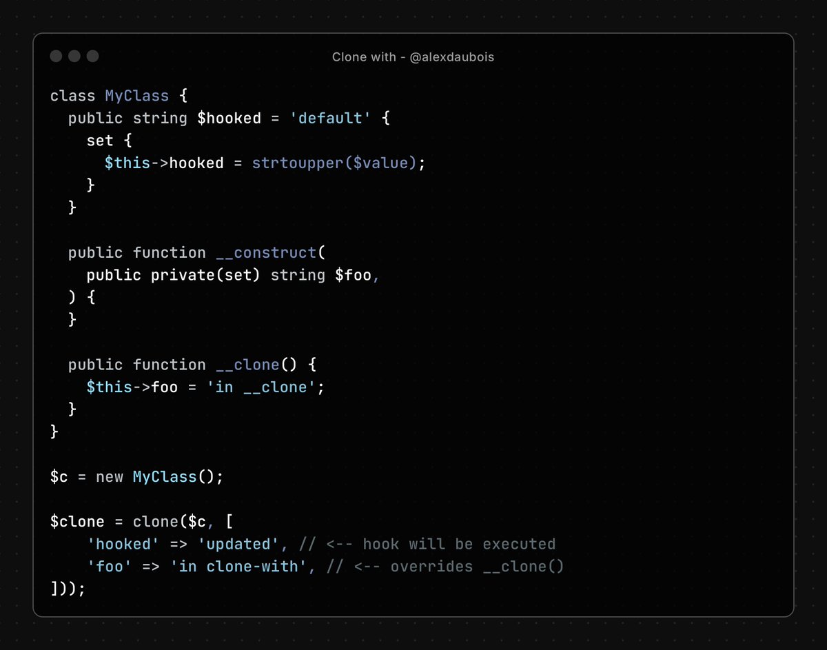 ⚙️ #PHP 8.5 sees its cloning supercharged! With the "clone with" RFC merged 5 days ago, we have much more possibilities when it comes to cloning objects.

Supports hooks, readonly, __clone() overriding. Thanks <a href="/TimWolla/">TimWolla</a> for the #DX improvement! 👏

PR: github.com/php/php-src/pu…