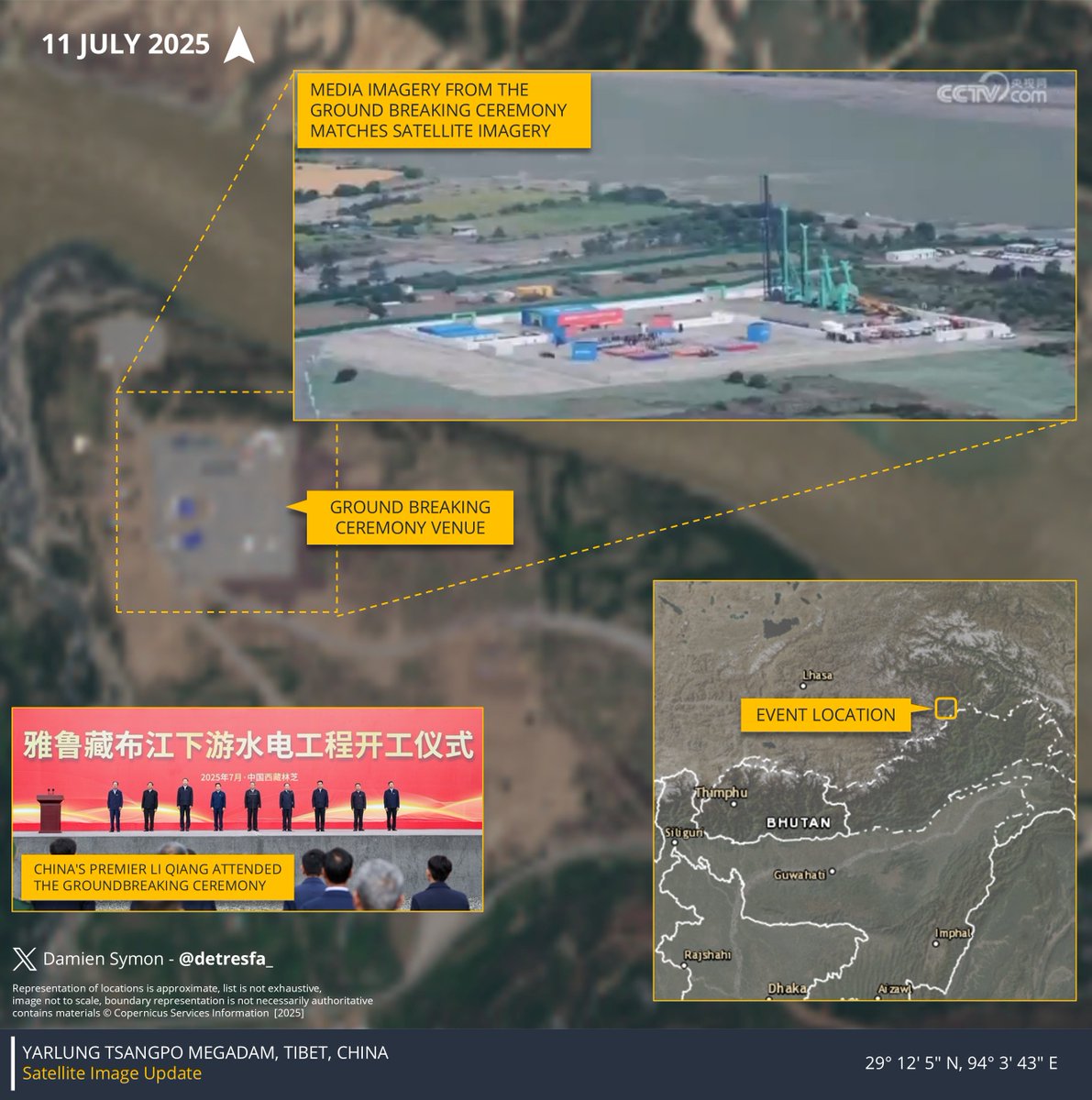 detresfa_'s tweet image. China has begun building the world’s largest dam on the Yarlung Tsangpo River raising concerns of irreversible harm to the fragile plateau & downstream ecosystems in India & Bangladesh, footage from the inaugural ceremony helps geolocate the site near Mainling in Tibet