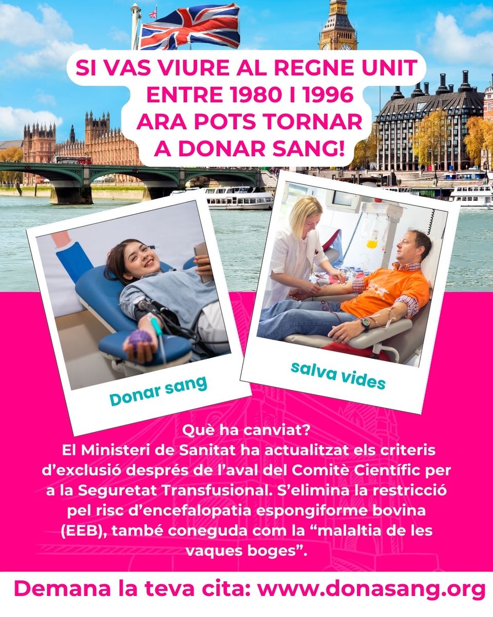 SalutGOIB's tweet image. 🩸 Les persones que van viure al Regne Unit entre 1980 i 1996 ja poden tornar a donar sang després de més de 20 anys
➡️ Gràcies als avenços científics i als alts estàndards actuals de control, el risc de transmissió es considera extremadament baix
🔗 tn.caib.es/2mUiTCt40oPa