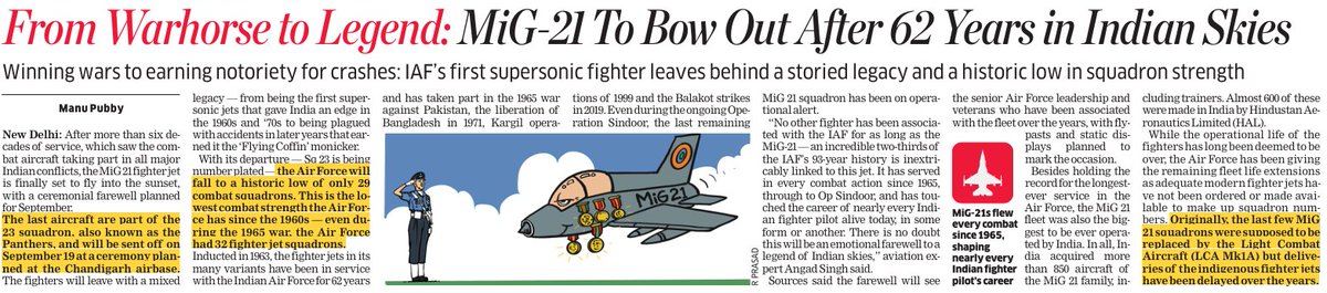 Duorope's tweet image. Originally planned to be replaced by the Tejas Mk1A, the last MiG-21 fighters will be bid farewell during a ceremony scheduled for September 21, 2025, at Chandigarh Air Force Base. The IAF's combat squadron strength will then be at an all-time low, with just 29 combat squadrons.